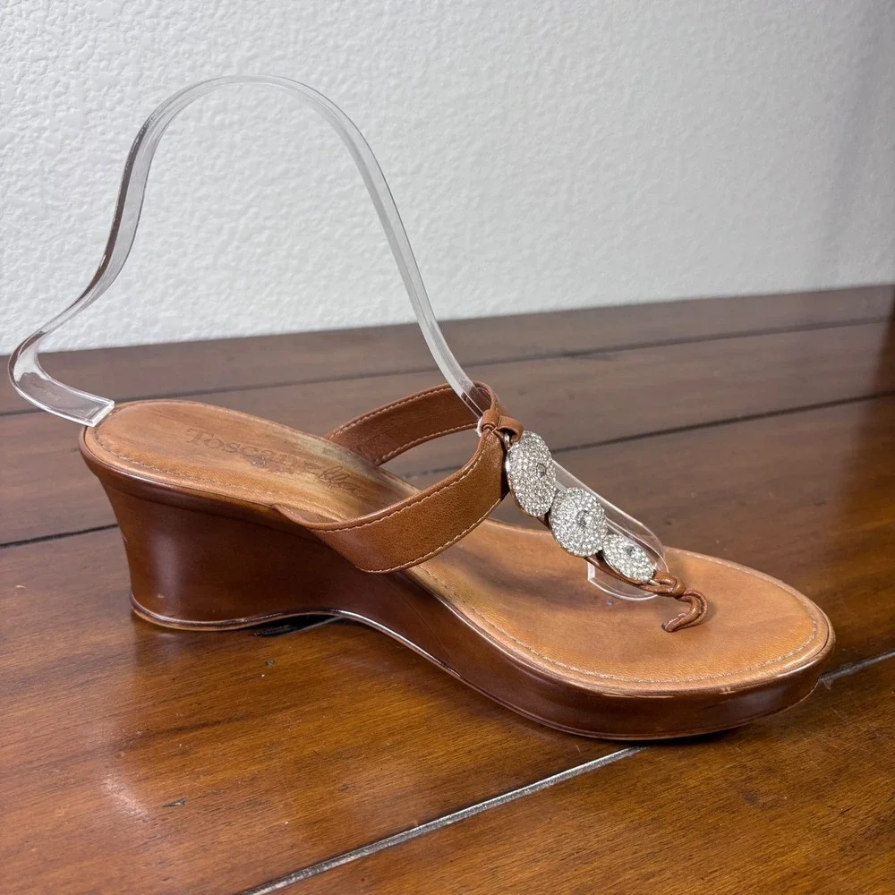 Toscanella Wedge Sandals Womens 8 Brn Leather Crystal Embellished Made in Italy